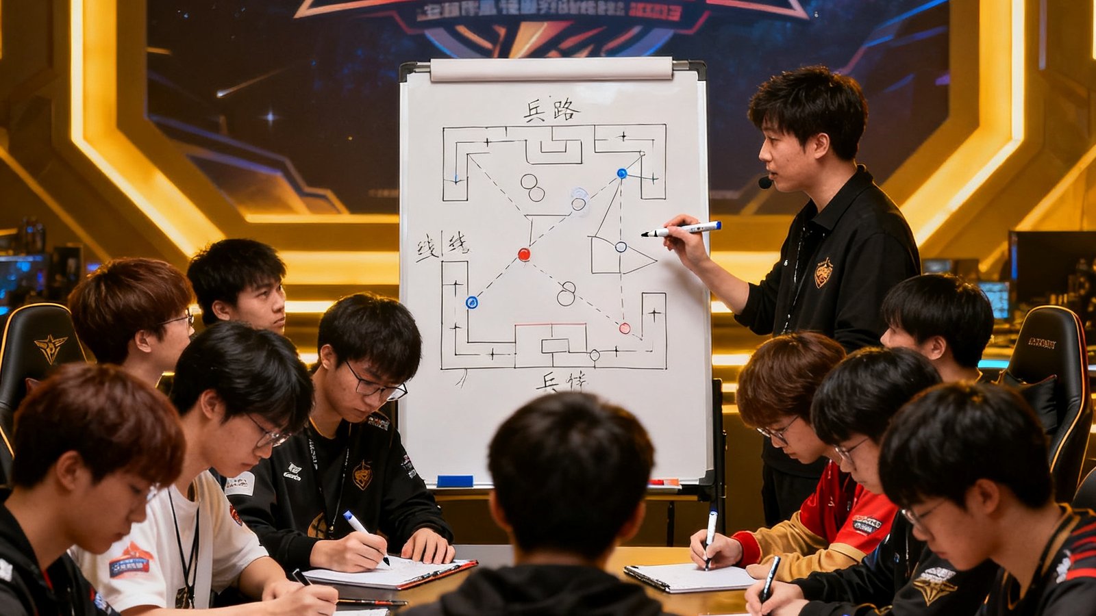 星空电竞举办的线下训练营活动中,12位来自不同段位的玩家围坐在战术白板前,一位教练正在用马克笔讲解下路对线的兵线管理技巧,参与者们认真记着笔记。