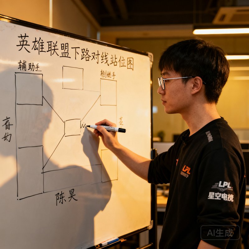 星空电竞联合创始人陈昊,32岁,前LPL职业辅助选手,戴着细框眼镜,正在白板前用马克笔绘制英雄联盟下路对线站位图,神情专注而认真。